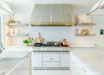 Kitchen Remodel white cabinets with gold trim